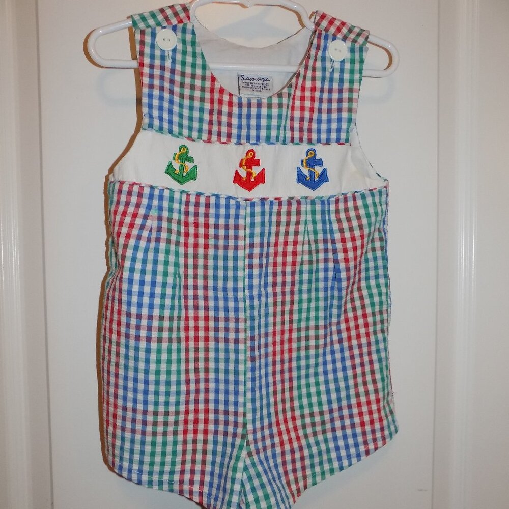 SAMARA Vintage 24M Boys Red Green Blue Check Seersucker Romper Anchors Sailor